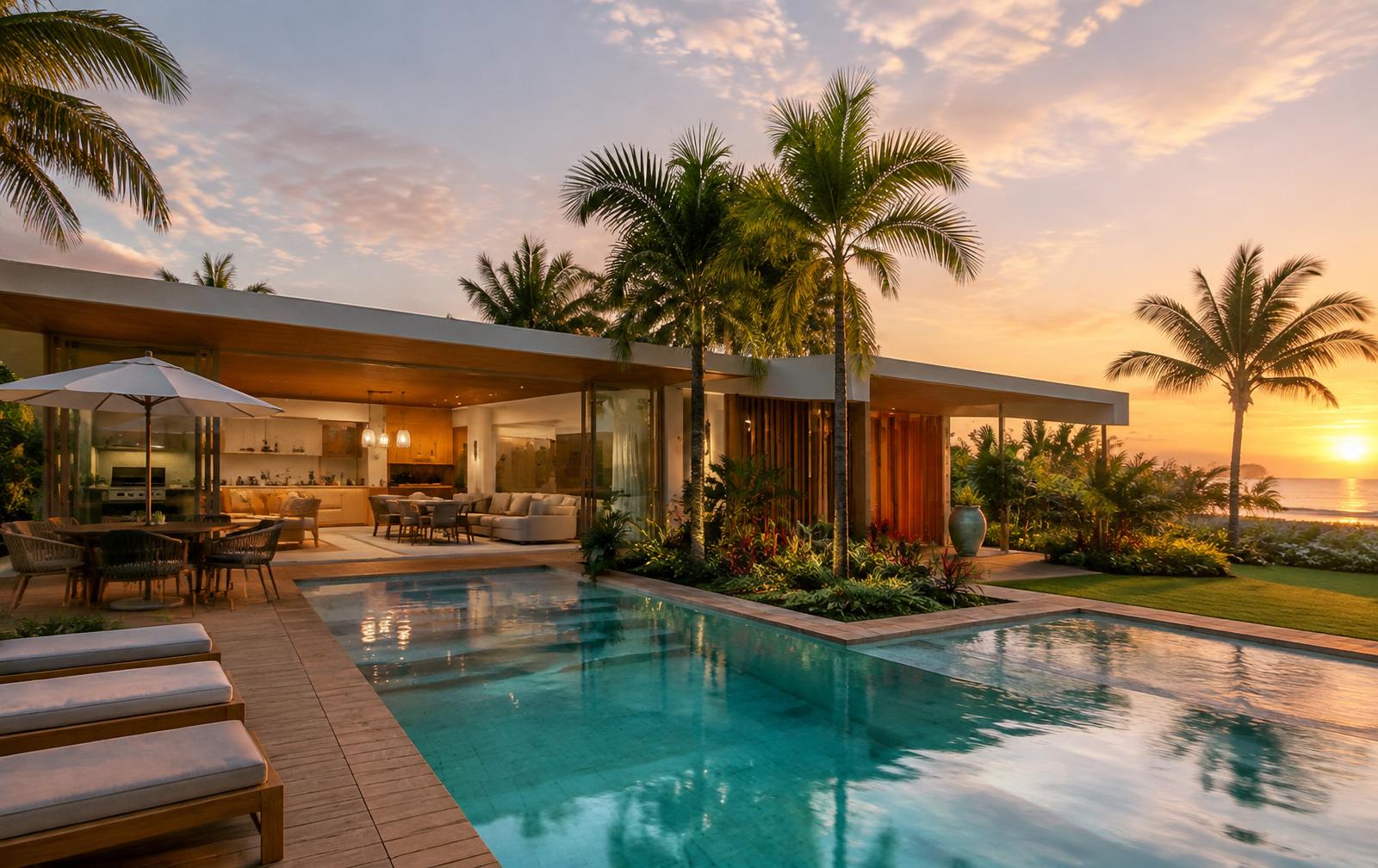 Casa com piscina ao pôr do sol na Região dos Lagos